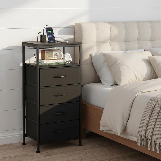 DUMOS Nightstand with Charging Station, LED Night Stand with 4 Fabric Drawers, Bedside End Table with USB/Type-C Ports and Outlets for Bedroom Furniture, Adjustable Feet, Black - Image 2