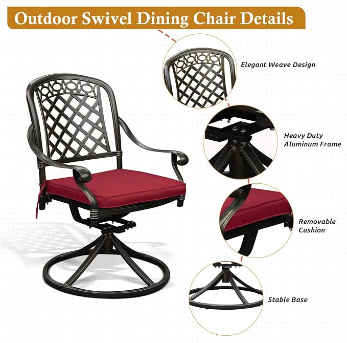 Cast Aluminum Outdoor Patio Dining Set, All Weather Outdoor Furniture Dining Set for Patio, Balcony, Lawn, Garden, Backyard (1 Round Table+4 Red Swivel Dining Chairs) - Image 4