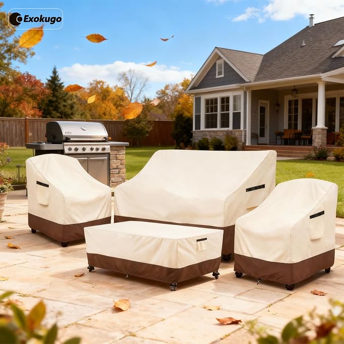 Patio Furniture Covers Set,4-Piece 600D Heavy Duty Waterproof Outdoor Furniture Cover for Patio Swivel Rocker Chairs,Loveseat and Coffee Table,Beige & Brown - Image 7