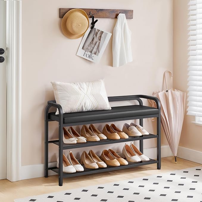 YATINEY Shoe Bench with Backrest, Entryway Bench, 2-Tier Shoe Rack with PU Padded Seat, Upholstered Shoe Storage Bench with Back, for Hallway, Entryway, Foyer, Bedroom, Black HX14BB - Image 2