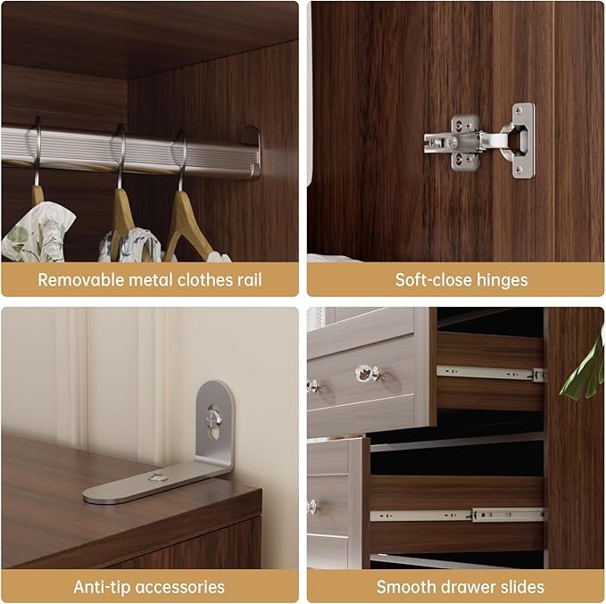 VOWNER Armoire Wardrobe Closet with Drawers and Mirror, 71" Clothing Storage Cabinet with Hanging Rod, 2 Doors Wooden Wardrobe Cabinet for Bedroom, Large Capacity Storage