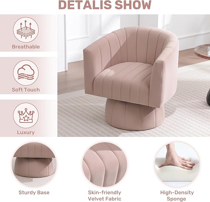 Swivel Accent Barrel Chair, Cute Comfy Small Round 360° Arm Chair. Velvet Sofa Club Reading Chair for Living Room Bedroom Office Pink