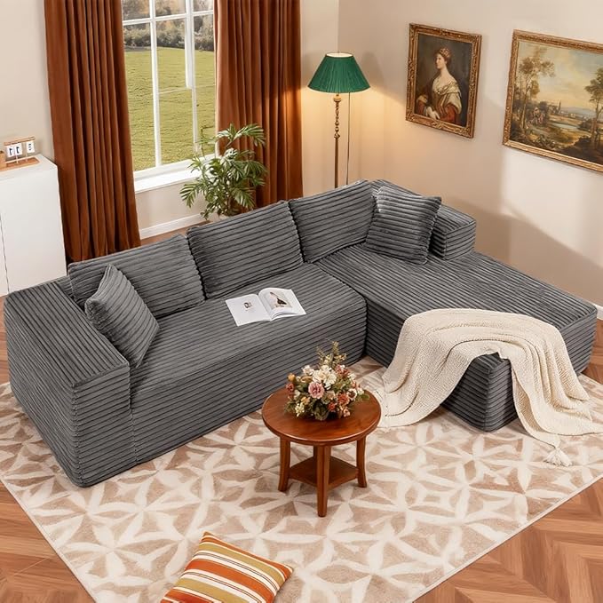 COMHOMA 105”Modular Sectional Sofa with Deep Seat,Cloud Upholstered L-Shape Couch Wide Arms Corduroy Fabric High-Density Foam Chaise Lounge for Living Room No Assembly Required