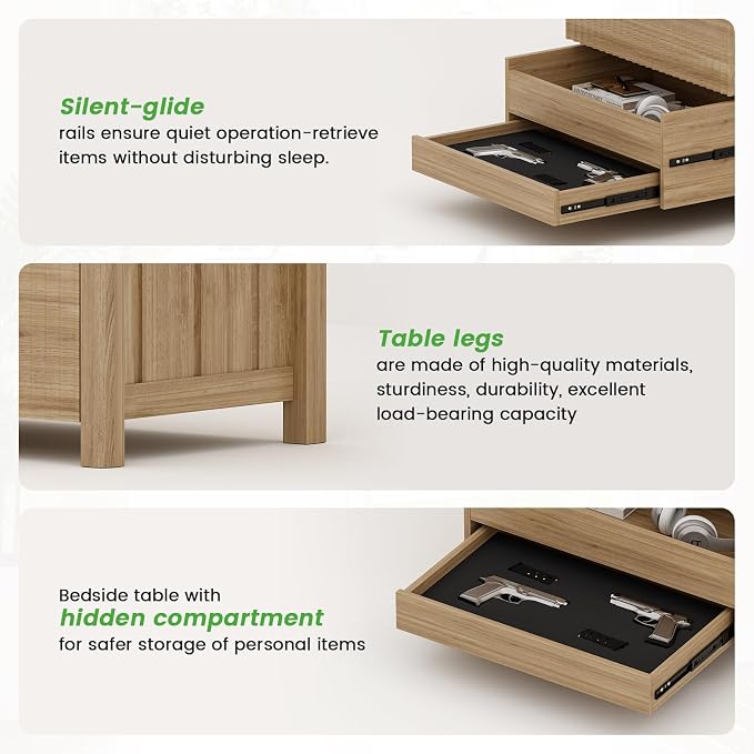 WOOVIVS End Table with Gun Drawer - Farmhouse Night Stand with Charging Station for Bedroom, Smart Side Table with LED Lights for Livingroom, Hidden Compartment Nightstands-Wood - Image 7