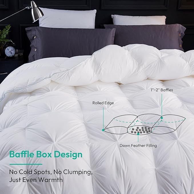 Three Geese Oversized King Size Pinch Pleat Duck Feather Down Fiber Comforter - All-Season Down Duvet Insert Fluffy Baffle Box Design with 8 Corner Loops for Warmth and Softness.