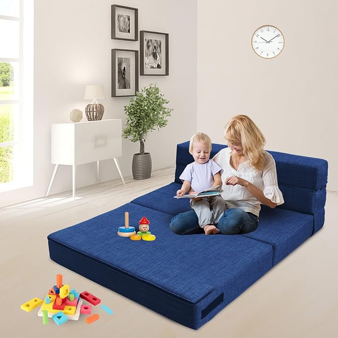 60 Inch Folding Sofa Couch Memory Foam with Pillow Convertible Sleeper Mattress Futon Lazy for Living Room, Washable Cover, Queen Size, Dark Blue
