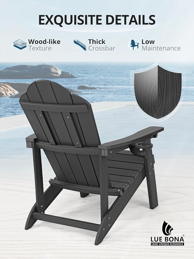 LUE BONA HDPE Adirondack Chairs Set of 6 - Weather Resistant Outdoor Seating with Cup Holder, Ideal for Patio, Deck, Fire Pit & Large Backyard, Black - Image 4