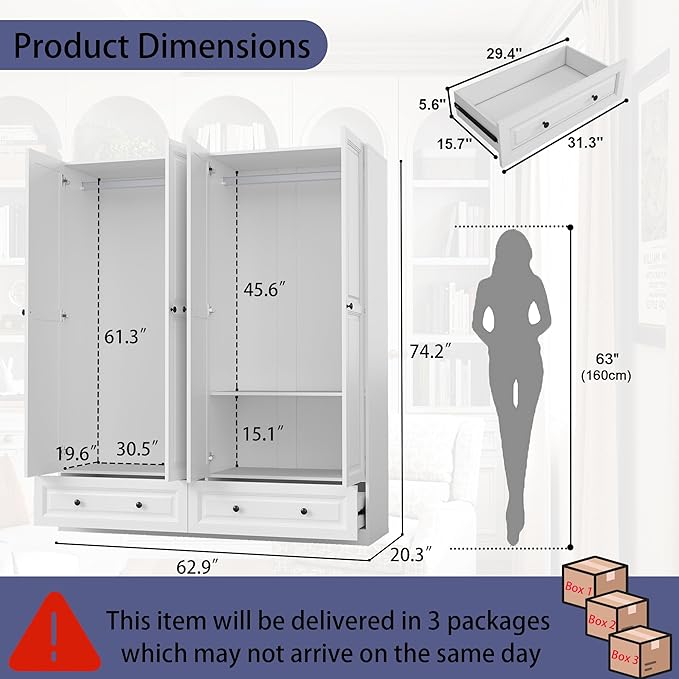 Armoire Wardrobe Closet with Drawers: 74" White Wardrobe Close with 4 Doors, Tall Armoire with Hanging Rod, Large Wood Clothes Cabinet for Bedroom (White, 63")