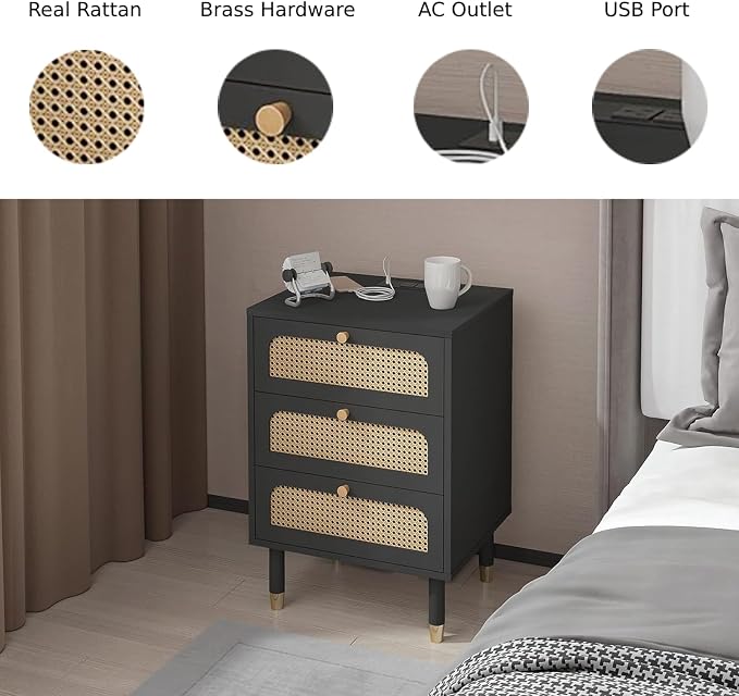 VINGLI Rattan Nightstand with Charging Station, 3 Drawer Night Stand, Boho Nightstand for Bedroom, Black Bed Side Table for Living Room, Wooden, 15.7" D x 18.9" W x 27" H - Image 3