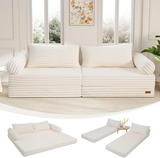 MeMoreCool Convertible Sofa Bed, Folding Floor Couch Bed Queen, Pull Out Sleeper Couch with Pillows, Fold Out Futon Sofa for Bedroom Living Room Small Space, Soft Corduroy