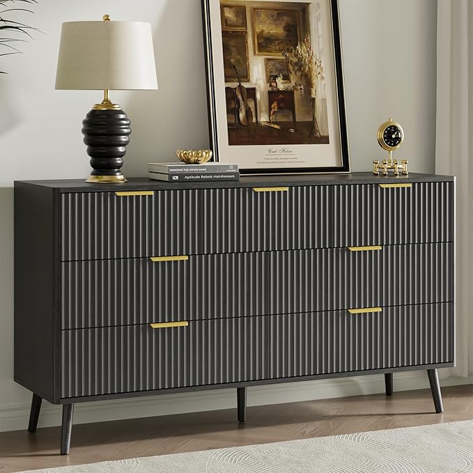 LYNSOM Fluted Dresser and Nightstand Sets 4 Piece, 2-Drawer Nightstands and 5/7 Drawers Dresser, Wood Bedroom Furniture Set for Home, Bedroom, Hallway, Black