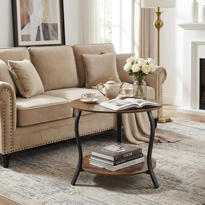 Small Round Coffee Table with Open Storage,23" 2-Tier Coffee Side Tables for Small Space, Accent Center Table Circle Sofa End Table with Wooden Table Top for Living Room Bedroom (Rustic Brown)