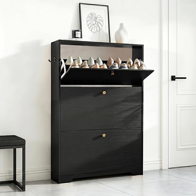 Nicetree Shoe Cabinet with 3 Flip Drawers, Narrow Shoe Organizer Cabinet, Freestanding Shoe Rack Cabinet, Morden Shoe Storage Cabinet for Entryway, Hallway, Foryer, Black with Hook by Nicetree