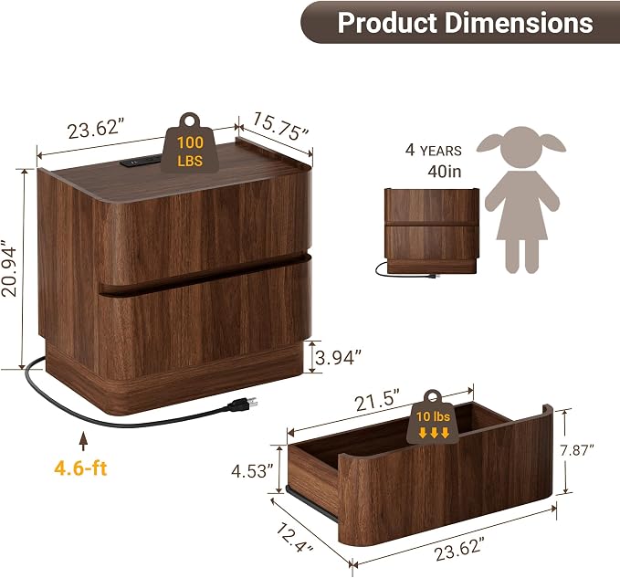 Night Stand Set 2, 23" Wide Nightstands Set of 2, Handleless 2 Drawer Nightstand with Charging Station, Walnut End Table w/Storage, Modern Wooden Bedside Table for Bedroom, Rounded Corners - Image 2