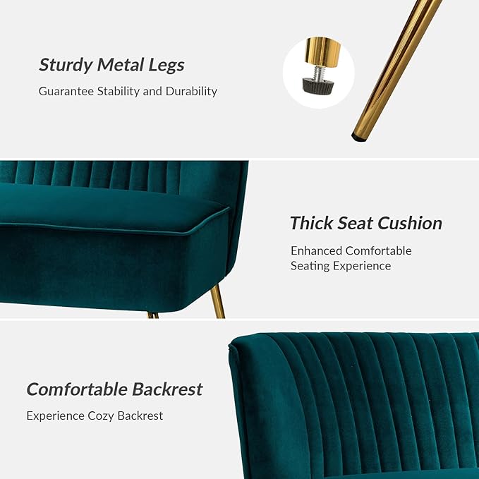 HULALA Home 3 Piece Velvet Living Room Furniture Set, Modern Comfy Upholstered Chair Set with Golden Legs, Include Loveseat & 2 Accent Chairs for Bedroom, Teal Tufted 2-Seater Sofa & Armless Chairs