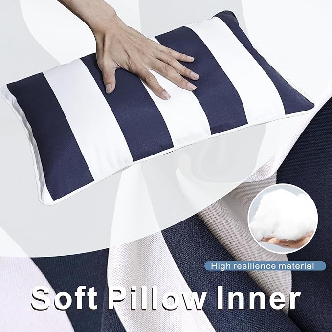 JMGBird Outdoor Lumbar Pillows, Water-Repellent Throw Pillows with Insert, Pack of 2, 12×20 Inch- Add a Pop of Color Outdoors (Blue and White)