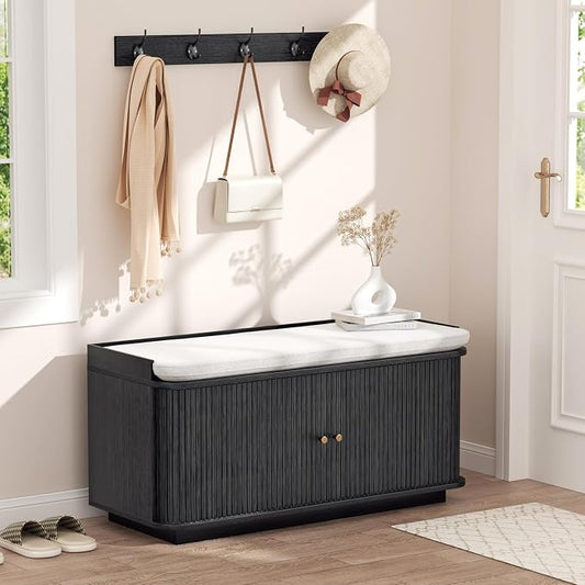Hall Tree with Bench and Shoe Storage, Entryway Bench with Sliding Door Cabinet, Removable Padded, Metal Wall Hooks and Adjustable Storage Compartments, for Entry, Hallway, Living Room, Black by Unknown