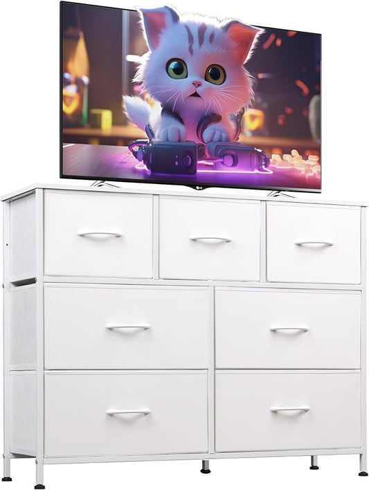 WLIVE 7 Drawer Dresser TV Stand, Dressers for Bedroom, Fabric Storage Tower, Hallway, Entryway, Closets, Sturdy Steel Frame, Wood Top, Easy Pull Handle, White by WLIVE