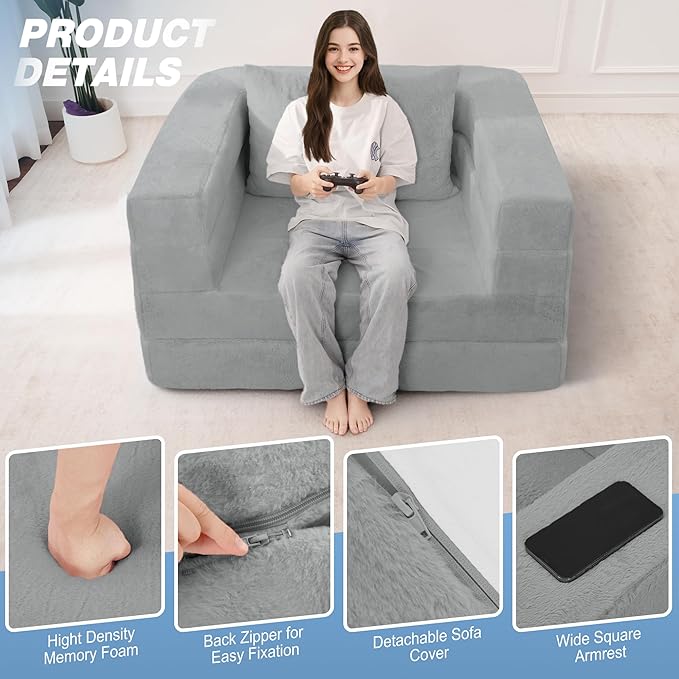 Futon Sofa Bed with Pillow, 3-in-1 Sleeper Sofa Bed with Removable Cover, Convertible Floor Sofa Bed, No Assembly Boneless Couch for Living Room, Bedroom