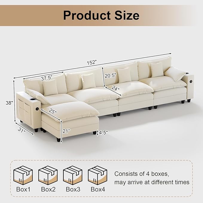 152" Modular Sectional Sofa, L Shaped Cloud Couch with Movable Ottoman, Chenille Deep Seat Cloud Sofa with Charging Station, Cup Holder, Side Pocket, Sectional Couches for Living Room, Beige