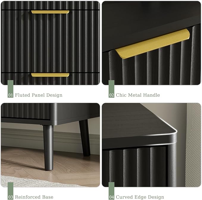 LYNSOM Fluted Dresser and Nightstand Sets 3 Piece, 7-Drawers Dresser and 1-Drawer Nightstands Set of 2, Wood Bedroom Furniture Set for Home, Bedroom, Hallway, Black