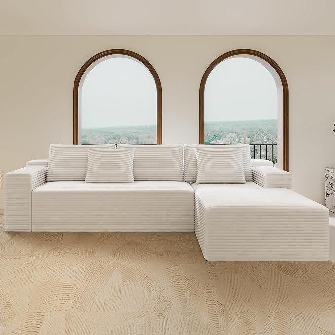 White sectional couches for Living Room Corduroy Couch，104" Cloud Sectional Couch with L-Shape Chaise， Modern Modular Sofa, Deep Seat Comfort, No Assembly Required(Plush Corduroy Fabric)