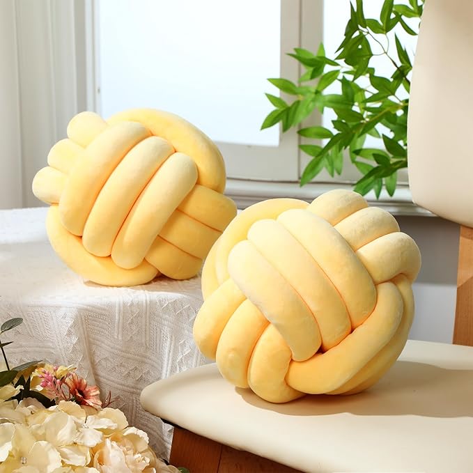 Namalu 2 Pcs Soft Knot Pillow Ball, Decorative Round Throw, Soft Knotted Plush Pillows, Handmade Stuffed Ball Pillows Cushion for Bedroom Sofa Couch Home Decor(7.87 Inches,Light Yellow)
