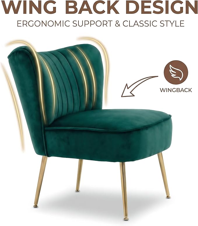 DUOMAY Modern Accent Chair Set of 2 Velvet Slipper Chair with Gold Legs Wingback Side Chair for Living Room Bedroom Entryway Small Corner Chair for Space Saving, Green