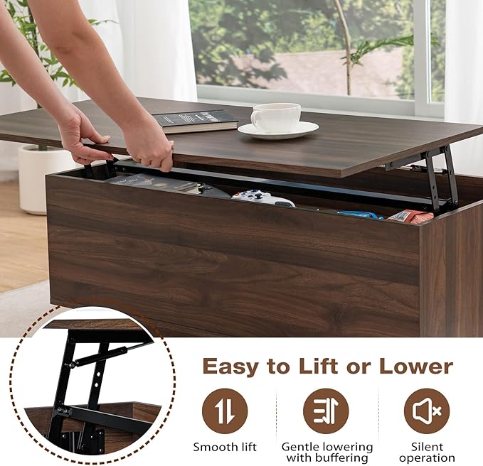 HOMMPA Lift Top Coffee Table with LED Light Morden Coffee Table with Storage High Gloss Walnut Coffee Table for Living Room Tea Table with Storage Center Tables Hidden Compartment & 2 Drawers