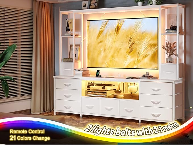 EnHomee 78.6" TV Stand for Living Room, Large Entertainment Center with 11 Fabric Drawers, 2 LED Lights & Power Outlets, Modern Dresser with Storage Shelves, Wall Unit for Bedroom, White - Image 4