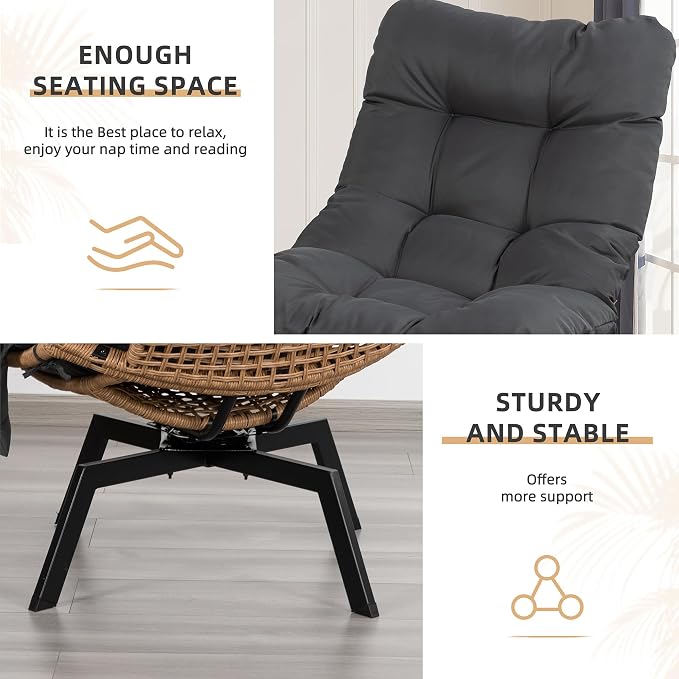Vongrasig Swivel Wicker Chair PE Rattan Chair with Cushion, Oversized Patio Lounge Chair for Outdoor, Indoor, Balcony, Backyard, Garden, Living Room, Black - Image 7