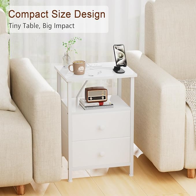 LOAKEKEL Night Stand with Charging Station, Small Bedside Table with 2 Fabric Drawers, Nightstand with USB Ports & Outlets for Bedroom, White, HETS020WT-1 - Image 7