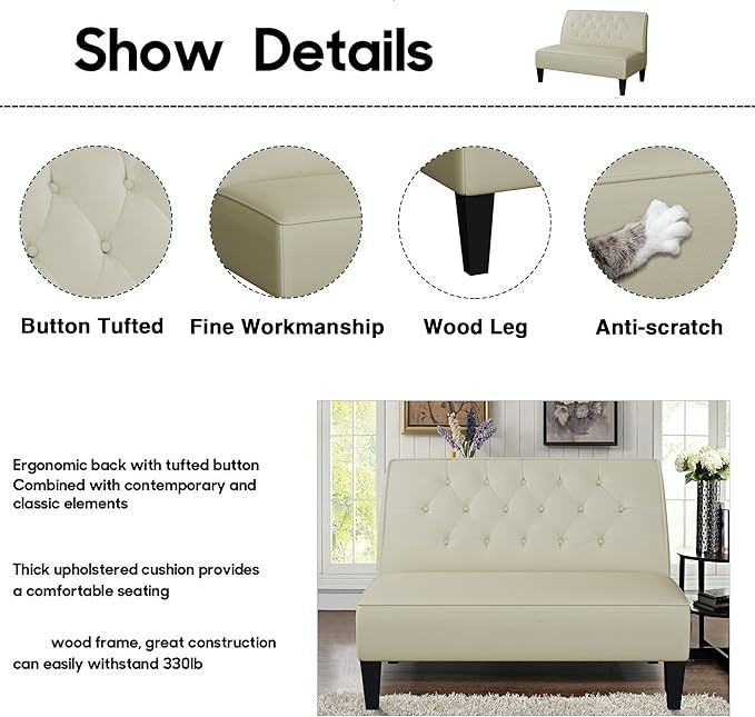 Alunaune Upholstered Loveseat Bench Couch for Bedroom, Modern Anti Scratch Cushioned Armless Settee Small Love Seat Sofa Faux Leather Living Room Couch-Beige
