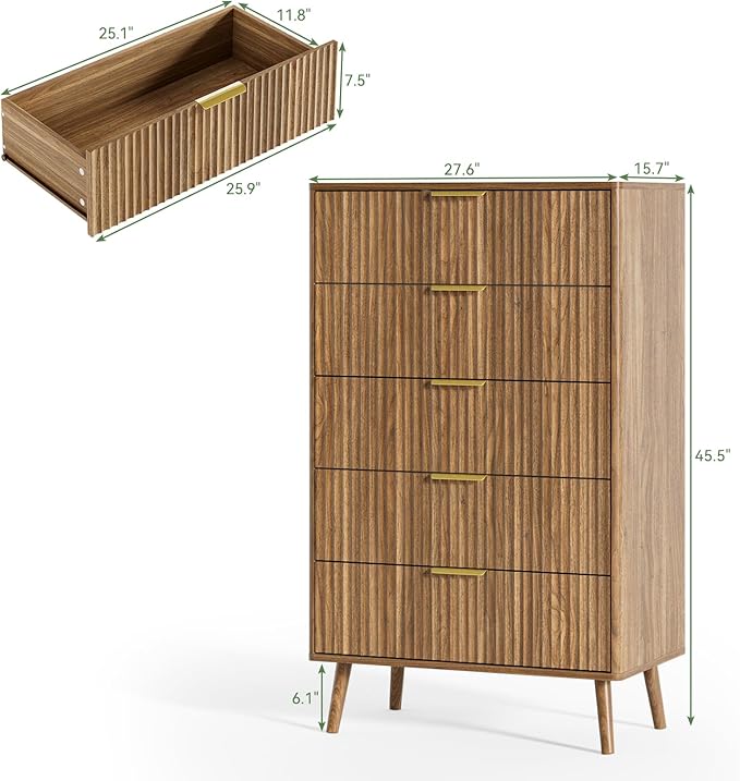 LYNSOM Fluted Dresser and Nightstand Sets 3 Piece, 5-Drawers Dresser and 2-Drawer Nightstands Set of 2, Wood Bedroom Furniture Set for Home, Bedroom, Hallway, Walnut