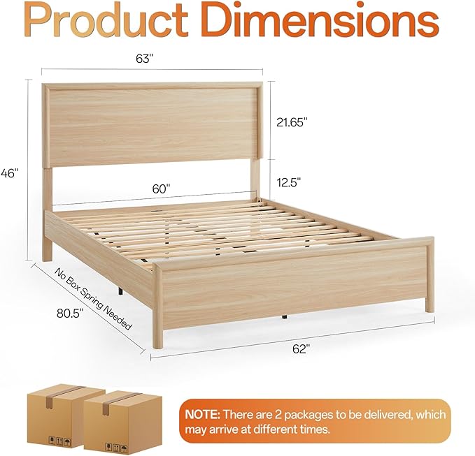 Bed Frame and Nightstand Set, Queen Wood Bed Frame with Headboard and 2 2-Drawer Nightstands, 3 Pieces Mid-Century Modern Bedroom Furniture Set, Natural Ash