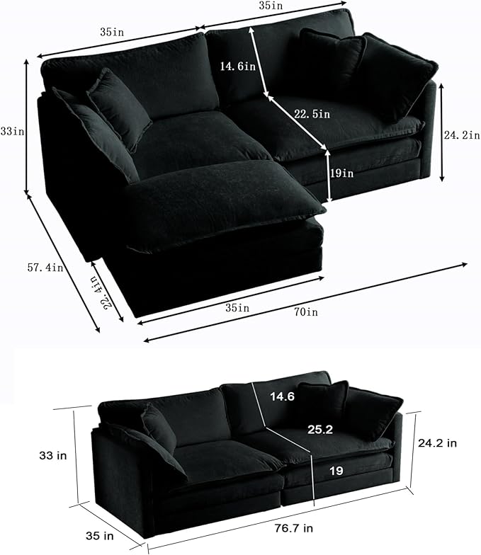 KEIKI Loveseat Sofa, Upholstered 2 Seater Couch with 1 Footrest, Oversized L-Shaped Sectional Sofa with Ottoman for Living Room Bedroom Office, Black