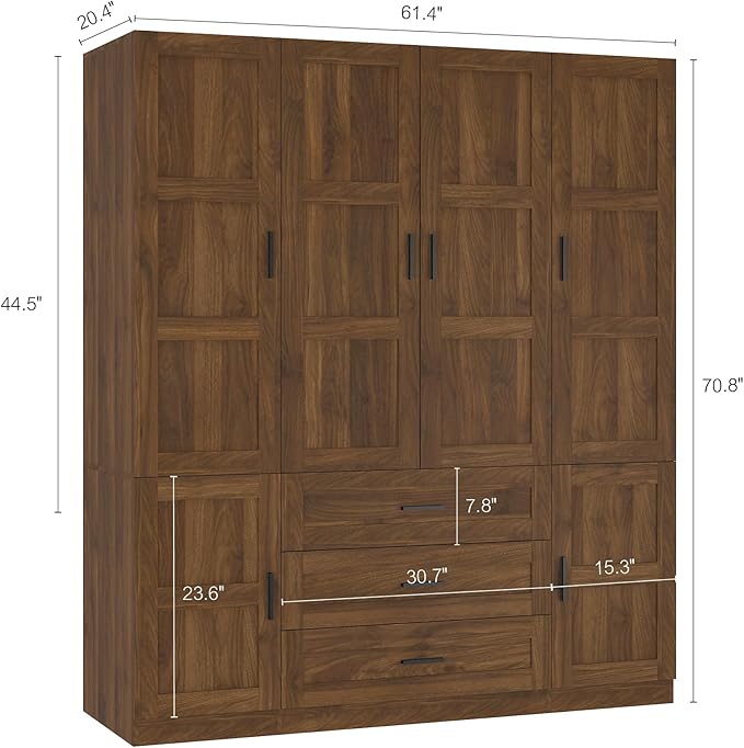 6 Doors Armoire Wardrobe Closet with 3 Big Drawers, 70.8" H Wooden Bedroom Armoires with Shelves and Hanging Rods, Freestanding Clothes Closet Wardrobe Cabinet for Bedroom, Guest Room, Brown