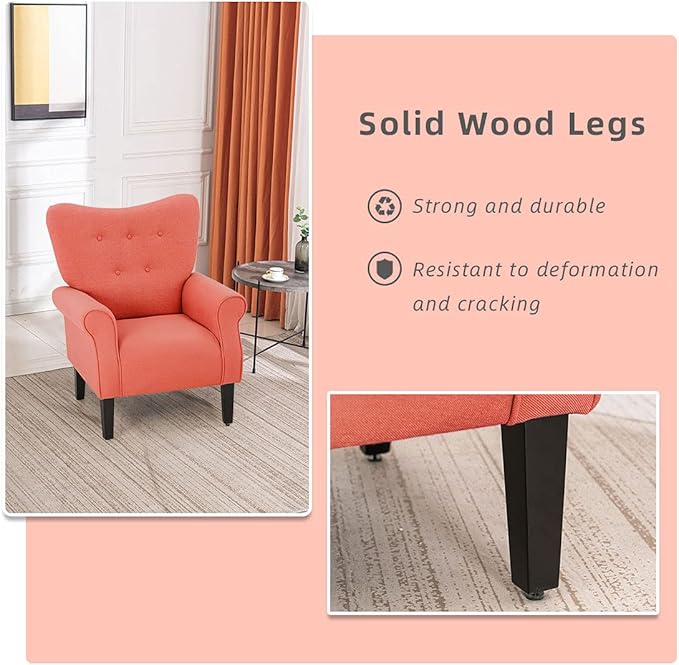 YOLENY Modern Accent Chair,High Back Armchair,Upholstered Fabric Button Single Sofa with Wooden Legs for Living Room,Bedroom,Club,Red