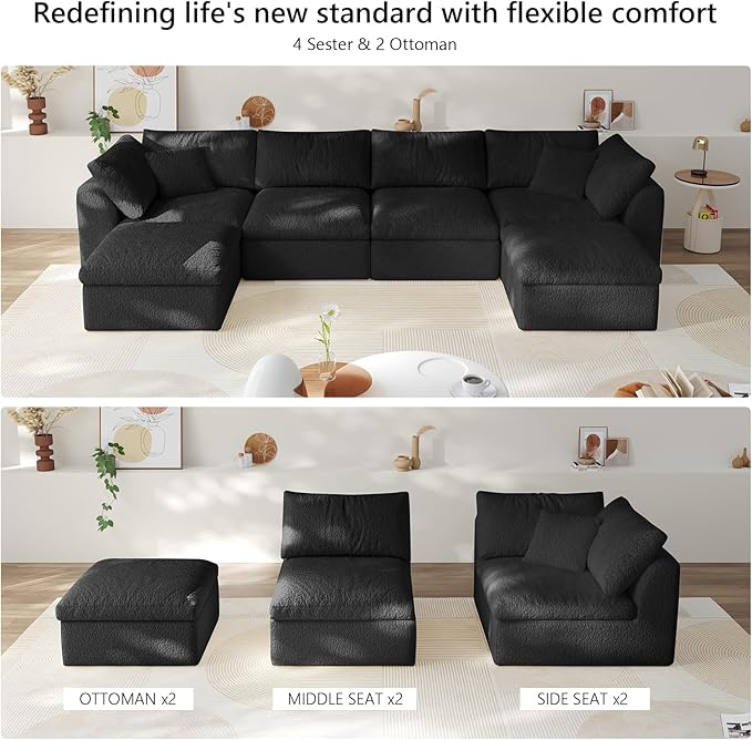 138" Modular Sectional Sofa Boneless Cloud Couch for Living Room, U Shape Deep Seat Recliner Sofa with Ottoman, Adjustable Backrest & 2 Throw Pillows - Covers Washable, (Black, 4 Seater+2 Ottoman)