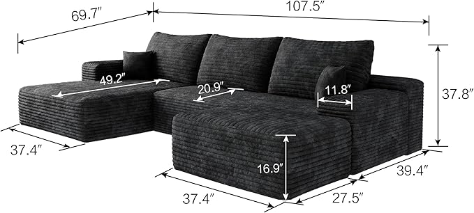 108" Cloud Modular Sectional Sofa Couch with Ottoman and L-Shape Chaise, Minimalist Upholstered Compressed Couches,Deep Seat Floor Sofa Couch,No Assembly Required