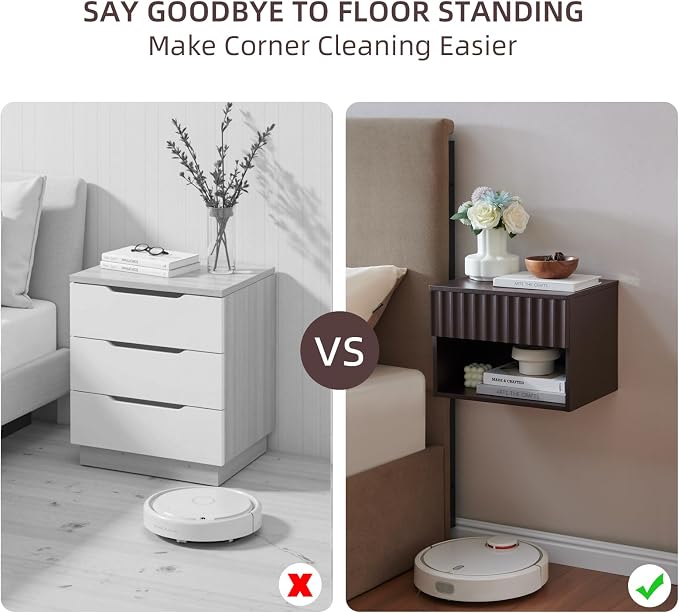 BuildHom Floating Nightstand with Fluted Drawer - Modern Wall Mounted Bedside Table with Open Storage Shelf, Small Night Stand TV Stand for Bedroom(Espresso, Set of 2) - Image 3