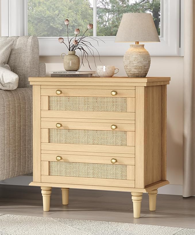 Keehusux Night Stand with 3 Large Storage Drawers, 26.8" H Rattan Nightstand with Charging Station, Boho Bedside Table with Round Handles, Wooden End Table for Bedroom, Natural Oak KES008MECTG - Image 8