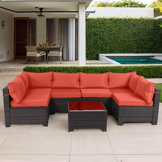 CHABATREE 7 Pieces Outdoor Patio Furniture Sets,Rattan Conversation Sectional Set,Manual Weaving Wicker Patio Sofa with Tea Table