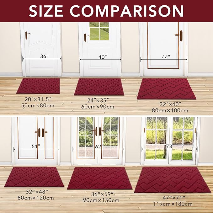 hicorfe Indoor Door Mat,Non Slip Door Mats,32"x48" Front Back Door Mat Rubber Backing,Absorbent Resist Dirt Entrance Inside Floor Mats for Entryway Washable Low-Profile(Red) - Image 4