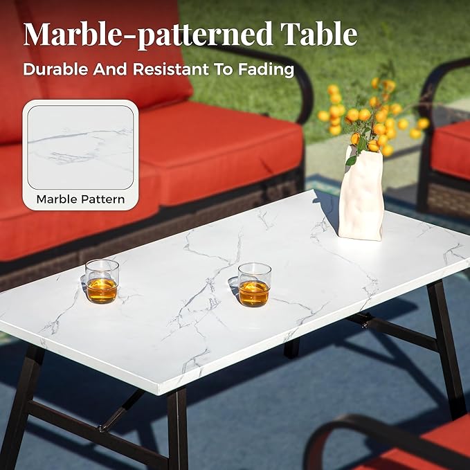 Patio Furniture Set with Coffee Table, Outdoor Conversation Set with 2 x Rocking Chairs, 1 x 3-Seat Sofa for Lawn Garden Backyard, Red