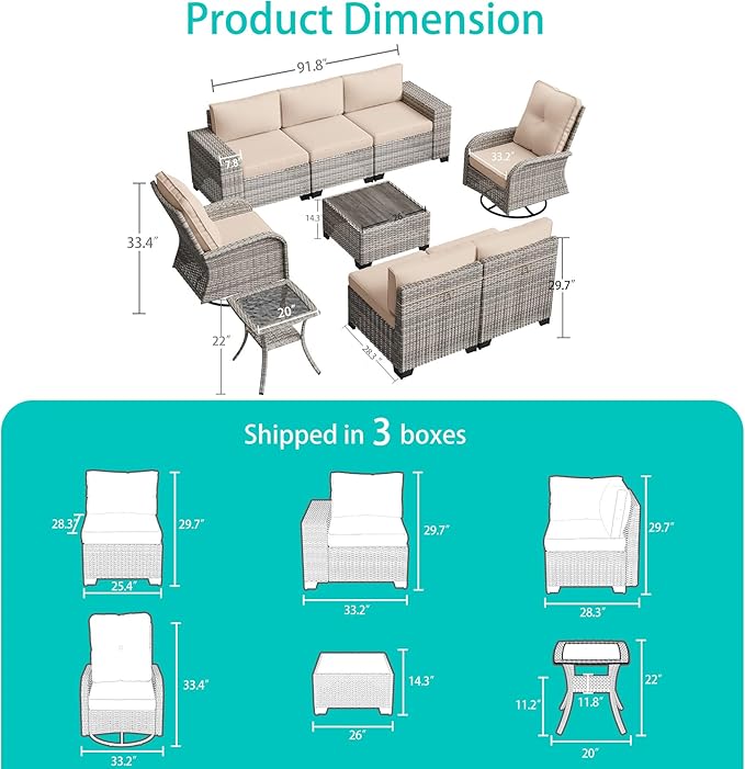 9-Piece Outdoor Patio Furniture Set with Rocking Swivel Chair Wicker Sectional Sofa Set, Patio Conversation Set with Thickened Cushions & Coffee Table for Garden, Backyard, Poolside, Beige
