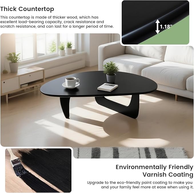 Solid Wooden Modern Triangle Coffee Table: Unique Funky Coffee Tables for Living Room, Oval Mid-Century Irregular Abstract Tea Tables for Patio Office Balcony Bedroom (Black, 43" L x 31" W x 16" H)