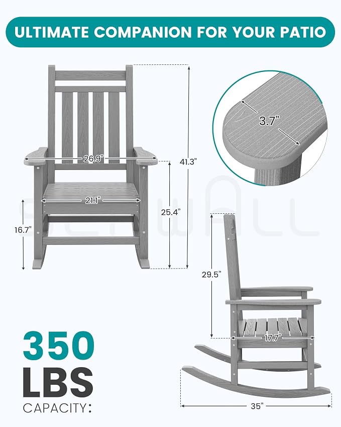 SERWALL Oversized Outdoor Rocking Chair Set of 2, HDPE Rocker for Adults, Patio Rocking Chairs for Porch, Sliver Gray - Image 3