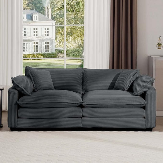 KEIKI 80" Oversized Corduroy Modular Sectional Loveseat Sofa with High-Density Foam Cushions, Removable Armrests, Upholstered Modern 2-Seater Fluffy Corner Couch with 4 Pillow, for Living Room, Grey