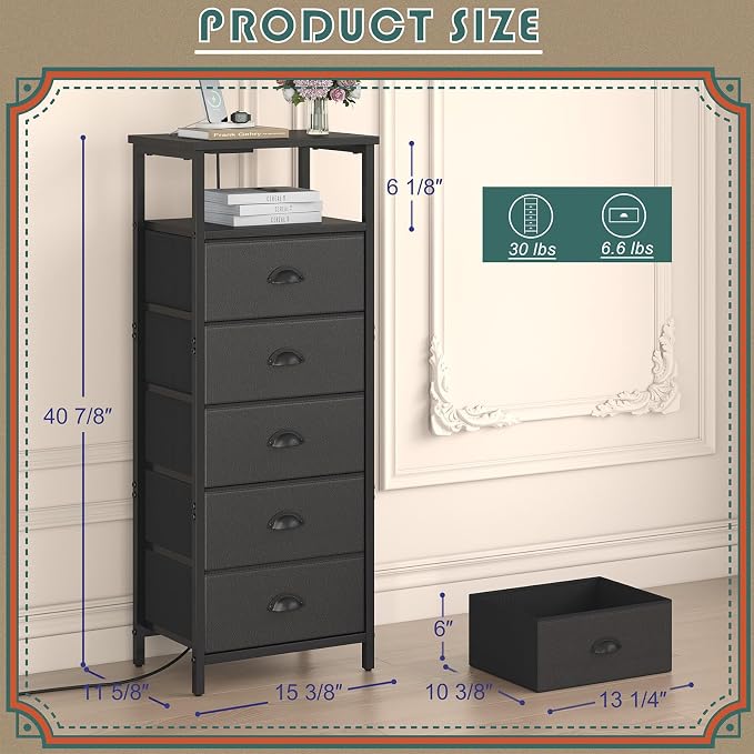 sthmec Nightstand with Charging Station,LED Black Nightstands with 5 Fabric Drawers PU Finish, Bedside End Tables, 2-Tier Open Storage Shelf Side Table Nightstand with Drawers for Bedroom, Black - Image 3